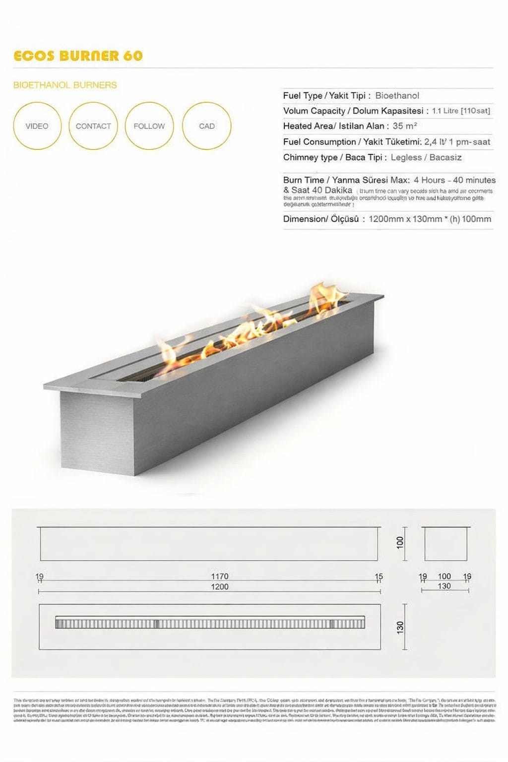 Bioethanol Burner Şömine 60 Cm